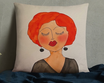 Deco pillow Nadines Girls Beautiful Watercolor Redhead Eyes Closed Art on a soft pillow