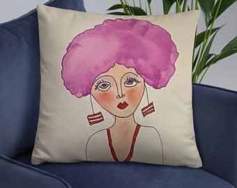 Deco pillow Nadines Girls Beautiful Watercolor Lavendar Hair Red Trim Art on a soft pillow