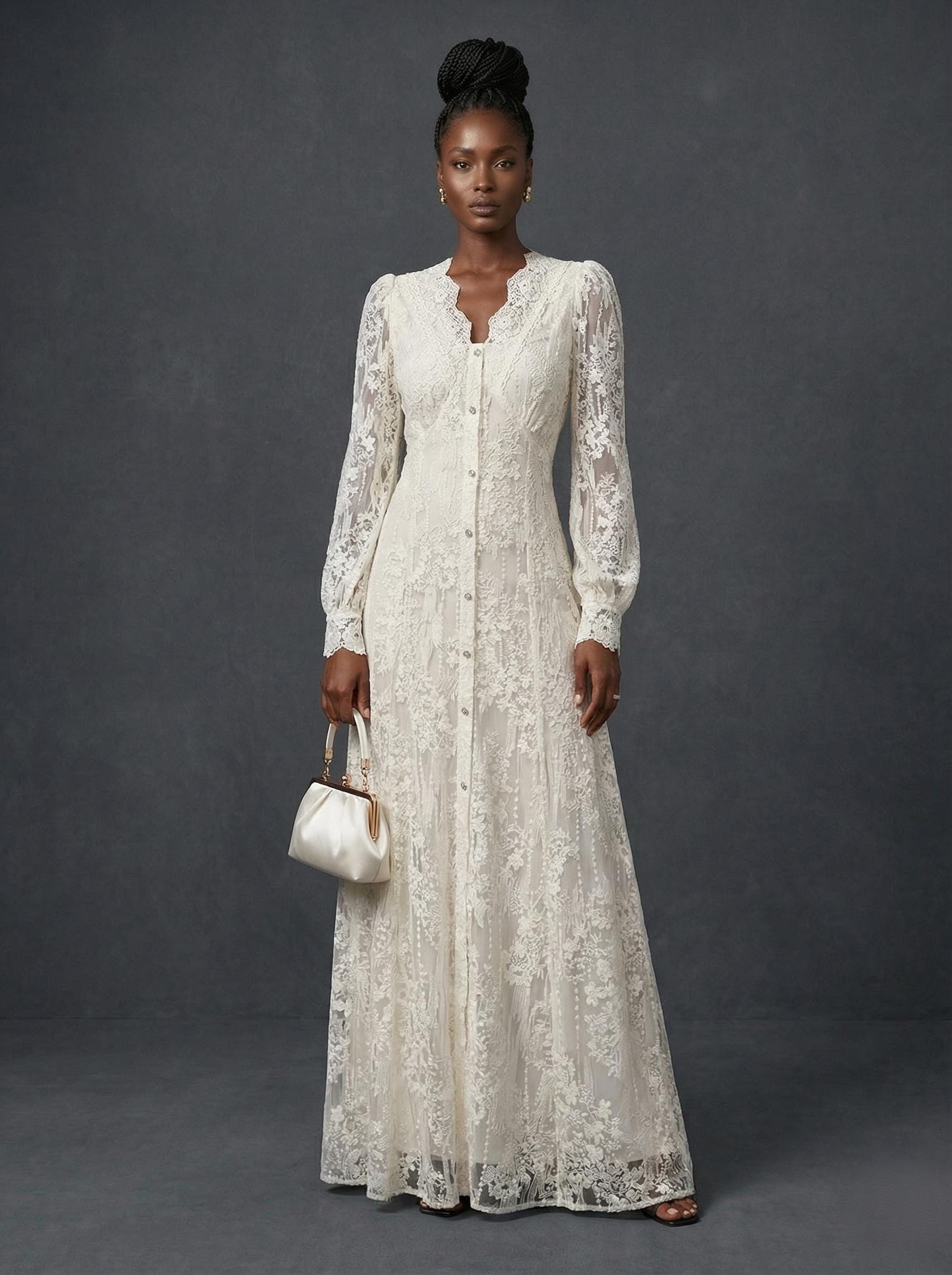 chinese dress ladies Elegant White Long Dress – Flared Skirt & Keyhole Neckline – 2622 – Xiaolizi main image 1