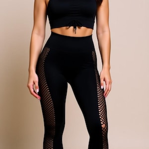 Black Mesh Panel Leggings for Women – High Waist Booty Lifting Yoga Pants, Sexy Workout Gym Tights, Fitness Activewear