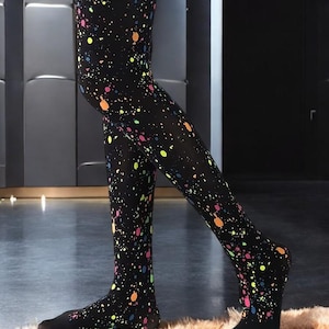 Women's Graffiti Print Pantyhose - Black Galaxy Starry Night Tights, Opaque Sheer Hosiery, Unique Funky Fashion Legwear