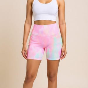 Pastel Tie Dye Yoga Shorts for Women – High Waist Cycling Shorts, Soft Naked Feel Gym Leggings, Workout and Fitness Wear