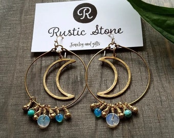 Gold Moon Hoop Earrings with Opal and Turquoise Stones
