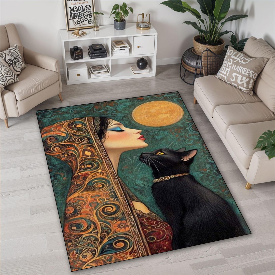 Cat Rafia Rug Fantasy Art Rug, Black Cat Rug, Dark Cottagecore Cat Rug, Cat Art Cozy ...
