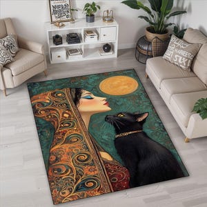 Fantasy Art Rug, Black Cat Rug, Dark Cottagecore Cat Rug, Cat Art Cozy Modern Moon Rug, Gift For Cat Lover, Women Design, Living Room Rug