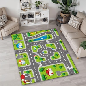 Plattegrond landschap, speelkleed voor kinderkamer, vloerkleed voor kinderen, Educatief speelkamertapijt stadsweg, tapijt jongenskamer, stadshaltapijten