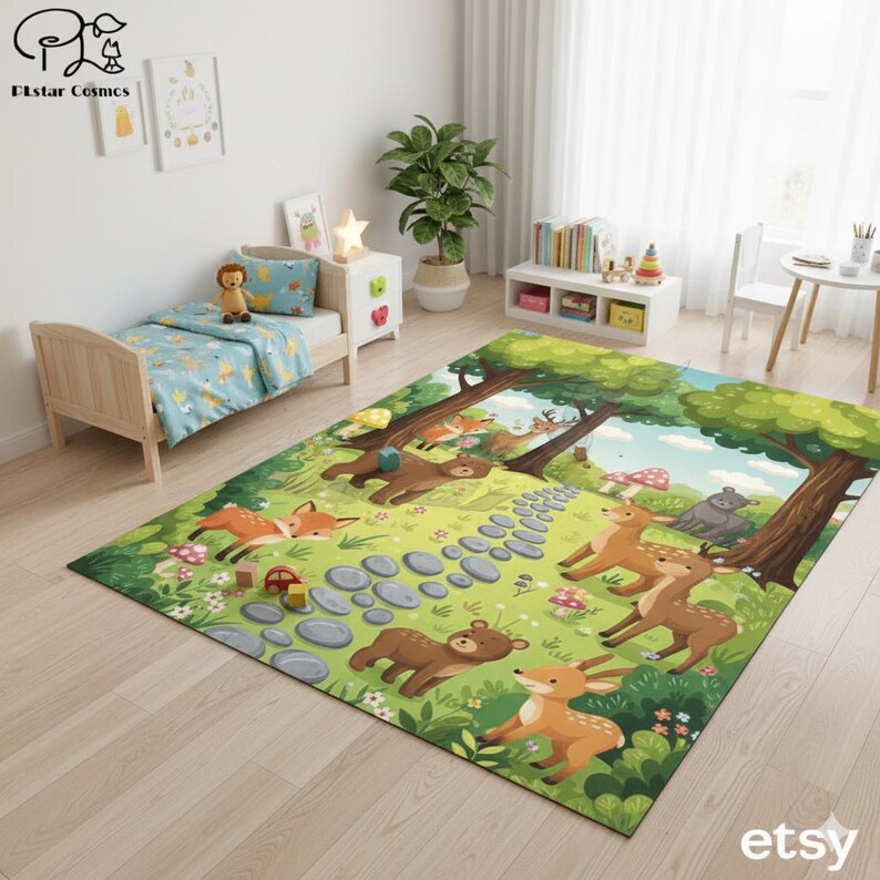Woodland Nursery Rug, Forest Animals Area Rug, Washable Playroom Carpet ...