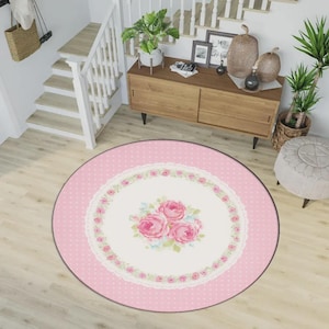 Pink Floral Round Rug: Country Bohemian Style