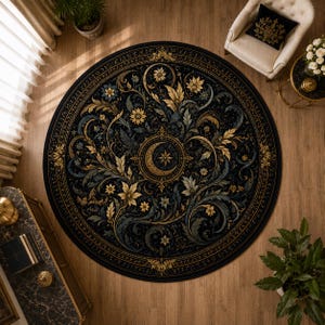 May include: A large circular area rug featuring a dark navy blue background with intricate gold and muted blue floral patterns, swirling acanthus leaves, and a central medallion containing a crescent moon and a star, all framed by a decorative border.