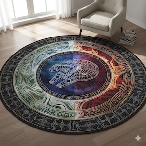 Puede incluir: Alfombra redonda con una ilustración detallada de la nave espacial Millennium Falcon. La alfombra tiene un diseño dividido con secciones azules y rojas, rodeada por un borde con varios símbolos y texto. La alfombra está colocada sobre un suelo de madera.