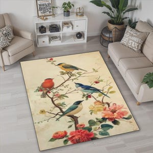 Bird Rug, Flower Rug Tropical Carpet, Animal Pattern Rugs, Modern Rug, Bohemian Area Rug, Mid Century Modern Abstract Rug, Living Room Rug