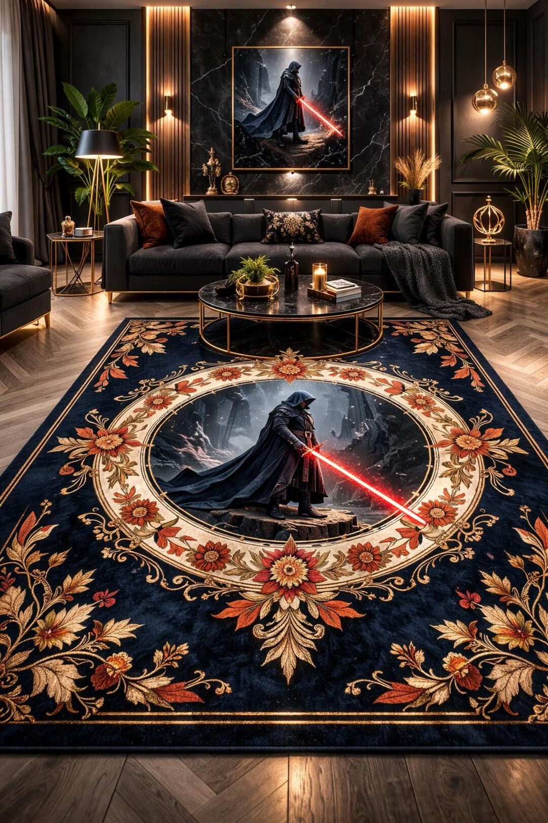 Vintage Dark Sith Lord Rug, Gothic Floral Star Space Area Rug, Sci- Fi ...