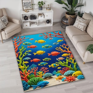 Fish Rug, Blue Ocean Fish Rug, Kids Room Rug, For living Room Rug, Kitchen Rug, Modern Area Rug, Underwater  Rug,Home Decor Rug, Non Slip