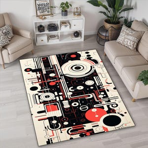 Tappeto geometrico ispirato a Kandinsky: arredamento moderno di metà secolo