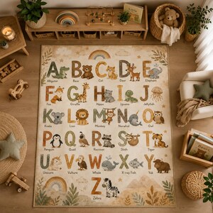May include: A rectangular area rug featuring a beige background with a colorful alphabet design. Each letter from A to Z is paired with a corresponding animal illustration and its name, including an alligator, bear, cat, deer, elephant, and zebra.