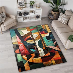 Tappeto geometrico ispirato a Kandinsky: arredamento moderno e colorato per la casa di metà secolo