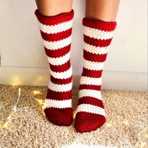 Crochet Knee High Socks Pattern - Candy Cane Striped Slipper Socks - Cozy Christmas Holiday Crochet PDF Tutorial