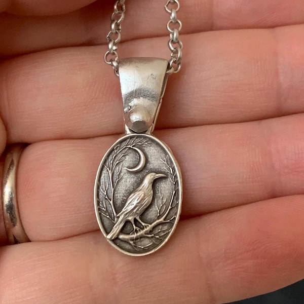 Small Antique Silver Raven Pendant Necklace: Celestial Bird Jewelry