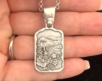 Handmade Antique Silver Wildflower Mountain Pendant Necklace