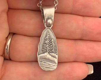 Handmade Antique Silver Pine Tree Pendant Necklace, Redwood Mountain Scene Jewelry