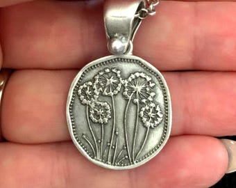 Handgemachte Antike Silber Halskette mit Pusteblume Anhänger