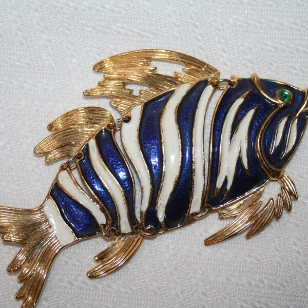 Large Vintage Enamel Segmented Blue Fish pendant
