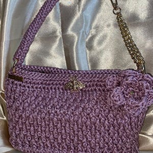 Crocheted shoulder bag in purple, handmade bag with bee