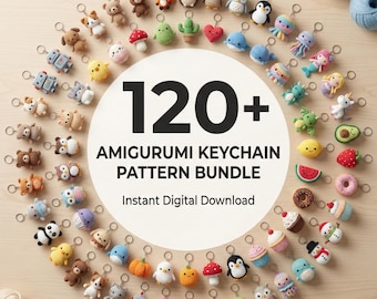 Könnte beinhalten: Eine Sammlung von 120+ Amigurumi-Schlüsselanhänger-Mustern. Das Bild zeigt eine Vielzahl kleiner, gehäkelter Schlüsselanhänger in Form von Tieren, Lebensmitteln und anderen Objekten. Der Text in der Mitte lautet "120+ AMIGURUMI KEYCHAIN PATTERN BUNDLE".