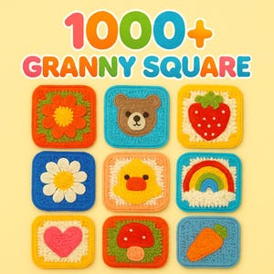 Puede incluir: Nueve cuadrados de ganchillo granny de colores con varios diseños, incluyendo una flor, un oso, una fresa, una margarita, un pato, un arcoíris, un corazón, una seta y una zanahoria. El texto "1000+ Granny Square" se muestra en la parte superior.