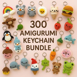 Może przedstawiać: Kolekcja 300 breloków amigurumi w różnych kształtach, w tym tęczy, sowy, jajka, kota, burgera, truskawki, pingwina, bałwana, babeczki, wieloryba, lodu, marchewki, misia i żaby. Breloki są ręcznie robione.