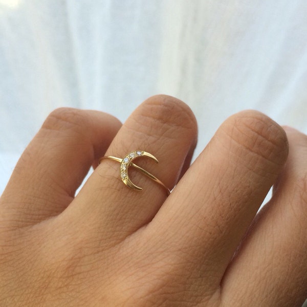 Gold Moon Ring, Diamond Moon Ring, Crescent Moon Ring, Moon Goddess, Pave Diamond Moon, Gold Moon, Moon Ring, Engagement Ring, Love Ring
