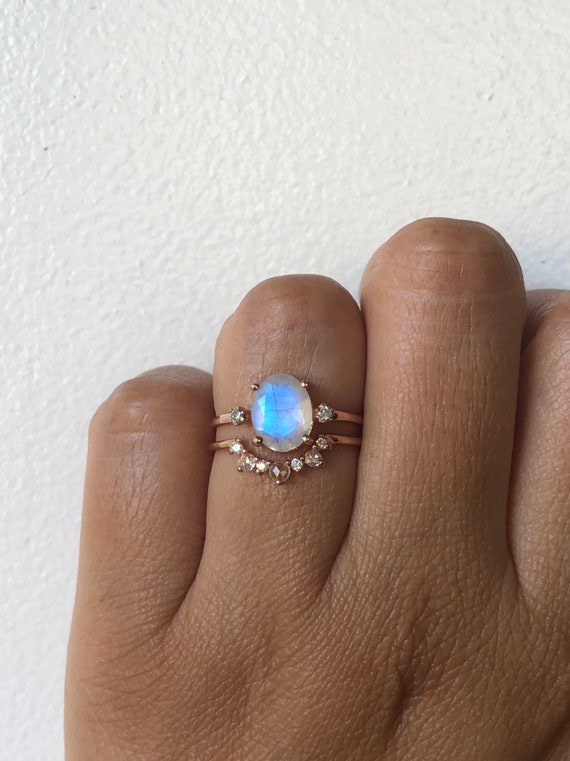 Unique Moonstone Engagement Ring Set Leaf Floral Blue Moonstone Wedding  Rings Rose Gold Diamond Bridal Ring Sapphire Enhancer Wedding Band - Etsy