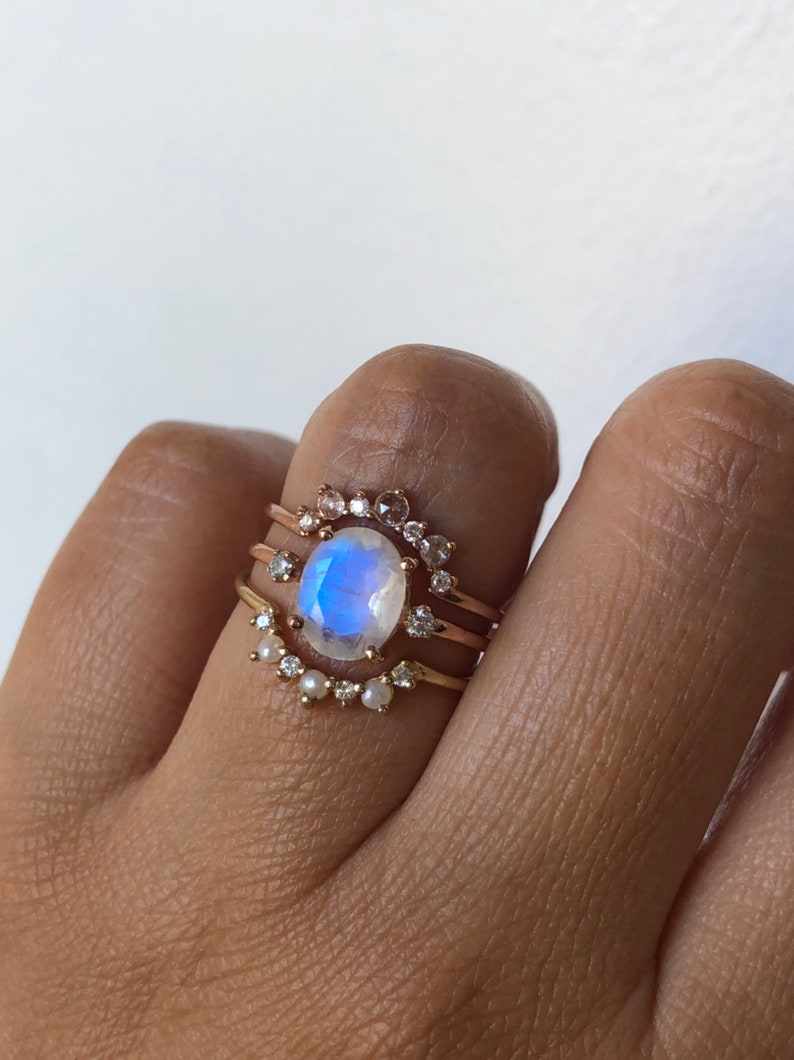 Moonstone Ring, Moonstone Engagement Ring, 14k Moonstone Ring, Moonstone Diamond Ring, Unique Engagement Ring, Past Present Future Ring image 2