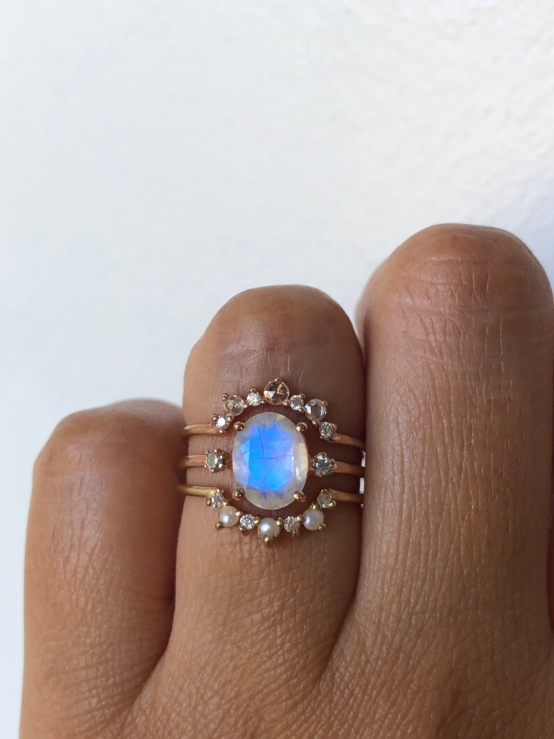 Moonstone Ring, Moonstone Engagement Ring, 14k Moonstone Ring, Moonstone Diamond Ring, Unique Engagement Ring, Past Present Future Ring image 4