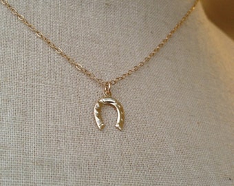 Könnte beinhalten: Eine goldene Hufeisen-Anhänger-Kette an einer goldenen Kette. Das Hufeisen ist strukturiert und hat ein schlichtes Design.