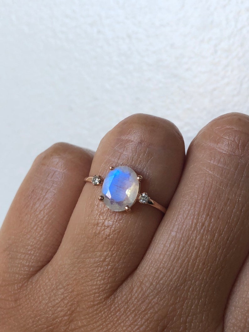 Moonstone Ring, Moonstone Engagement Ring, 14k Moonstone Ring, Moonstone Diamond Ring, Unique Engagement Ring, Past Present Future Ring image 5