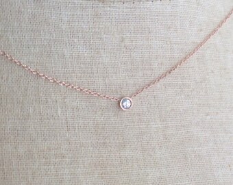 14kt Rose Gold Bezel, Diamond Bezel Necklace, Diamond Solitaire, Diamond Necklace, DBY, Wedding Necklace, Bridal Necklace, April Birthstone