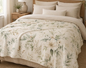 Sherpa deken, saliegroene plaid met bloemenprint, botanische bankdeken, gezellige slaapkamerdecoratie in cottagecore stijl