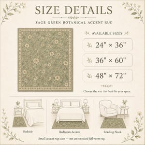 Op de afbeelding: Een saliegroen botanisch accentkleed met een bloemenpatroon en een decoratieve rand. De tekst luidt SIZE DETAILS, SAGE GREEN BOTANICAL ACCENT RUG, AVAILABLE SIZES, 24" x 36", 36" x 60", 48" x 72", en Choose the size that best fits your space.