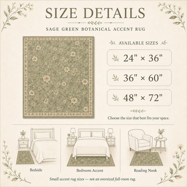 Op de afbeelding: Een saliegroen botanisch accentkleed met een bloemenpatroon en een decoratieve rand. De tekst luidt SIZE DETAILS, SAGE GREEN BOTANICAL ACCENT RUG, AVAILABLE SIZES, 24" x 36", 36" x 60", 48" x 72", en Choose the size that best fits your space.