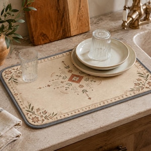 Puede incluir: Un tapete de secado de platos beige con un diseño floral y geométrico, un borde gris y una pila de platos blancos. También se ven un vaso transparente y un jarrón con vegetación. La alfombra está sobre una encimera cerca de un fregadero.