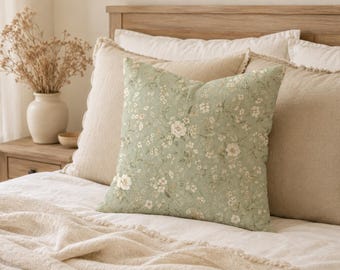 Saliegroene kussenhoes met bloemenprint, vierkante sierkussenhoes van imitatie suède, landelijke slaapkamerdecoratie, alleen de hoes.