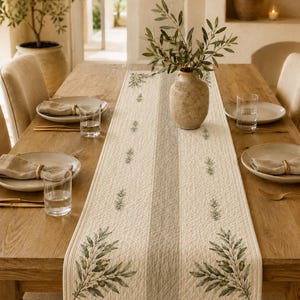 Quilted Table Runner, Sage Green Table Runner with Olive Branches, Neutral Mediterranean Dining Decor, 14x72