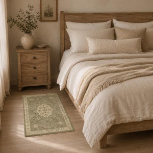 Op de afbeelding: Een rechthoekig vloerkleed met een saliegroene achtergrond, een centraal cr&egrave;mekleurig bloemenmedaillon en een decoratieve rand. Het kleed ligt op een lichte houten vloer naast een houten bedframe en een nachtkastje met drie lades.