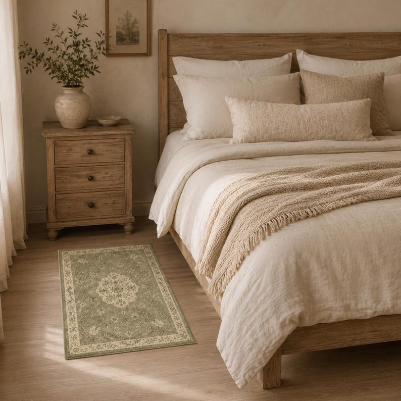 Op de afbeelding: Een rechthoekig vloerkleed met een saliegroene achtergrond, een centraal cr&egrave;mekleurig bloemenmedaillon en een decoratieve rand. Het kleed ligt op een lichte houten vloer naast een houten bedframe en een nachtkastje met drie lades.