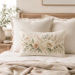Botanical Lumbar Pillow, Neutral Floral Rectangle Pillow, Sage Green Bedroom Pillow, Cottagecore Bed Accent