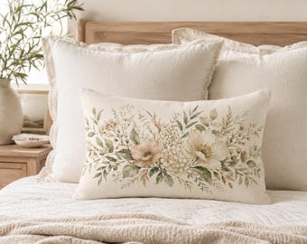 Neutraal botanisch lendenkussen, saliegroen rechthoekig sierkussen met bloemenprint, slaapkamerdecoratie in cottagecore-stijl