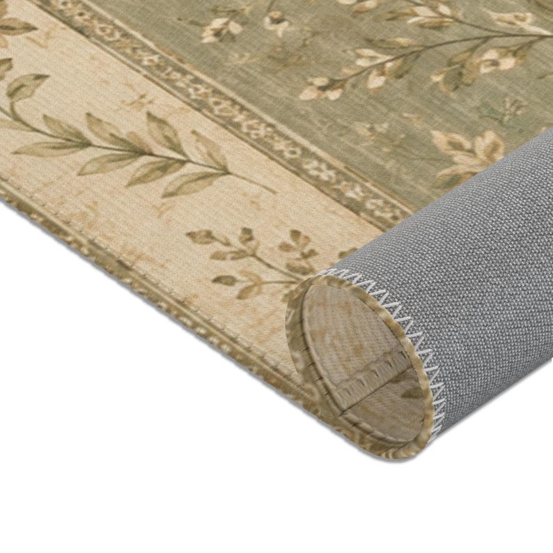 Saliegroen vloerkleed, vintage botanisch bloemenkleed voor de slaapkamer, klein nachtkastje kleed, landelijke decoratie in cottagecore stijl afbeelding 11