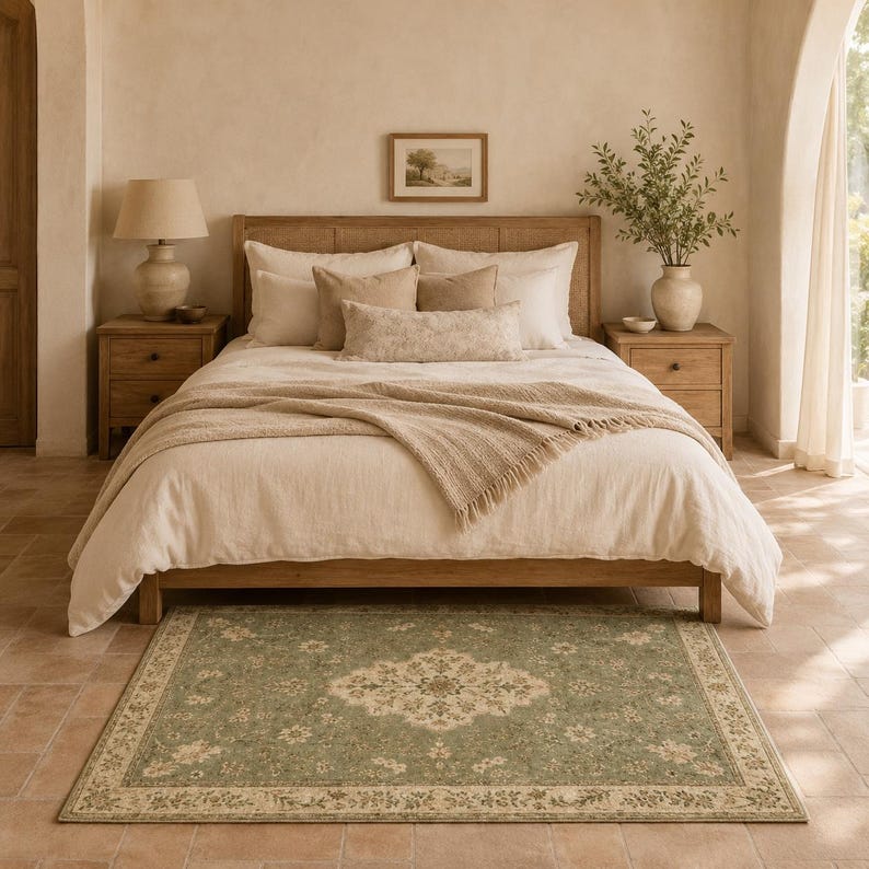 Op de afbeelding: Een rechthoekig vloerkleed met een saliegroen middenstuk, een cr&egrave;mekleurig bloemenmedaillon en een bijpassende decoratieve rand. Het kleed ligt op een tegelvloer voor een houten bedframe met beige beddengoed en twee houten nachtkastjes.