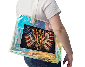 Patriotyczna torba typu tote z anielskimi skrzydłami | Holograficzna torba plażowa USA, amerykańska torba letnia